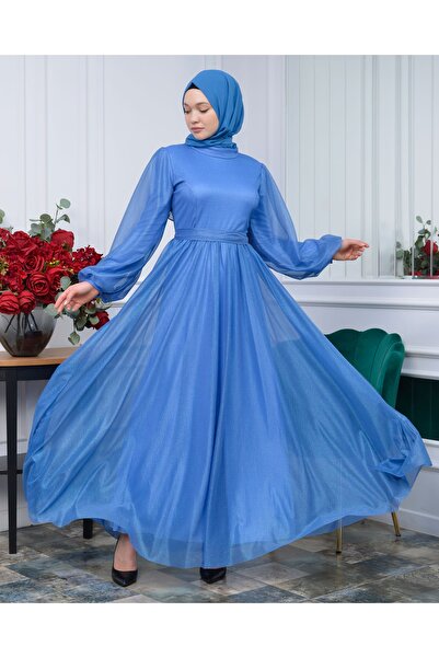 poplinmoda Simli Beli Kuşaklı Balon Kol Tesettür Abiye-rüya