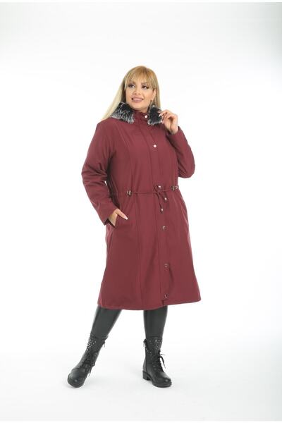 By Alba Collection Women's Long Bondite Fabric Curly Inside Plus Size Coat Claret Red
