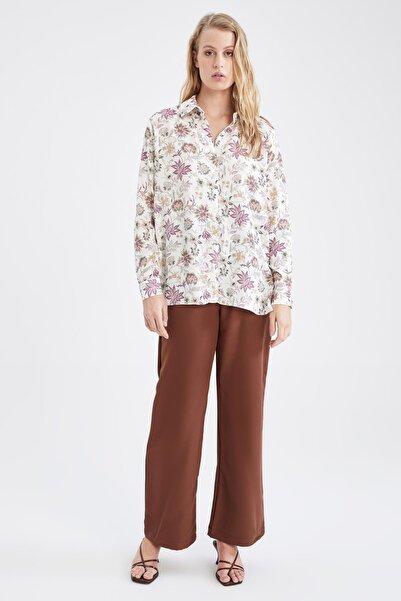 DeFacto Tradycyjna koszula z wiskozy o kroju oversize, wzorzysta, z długim rękawem