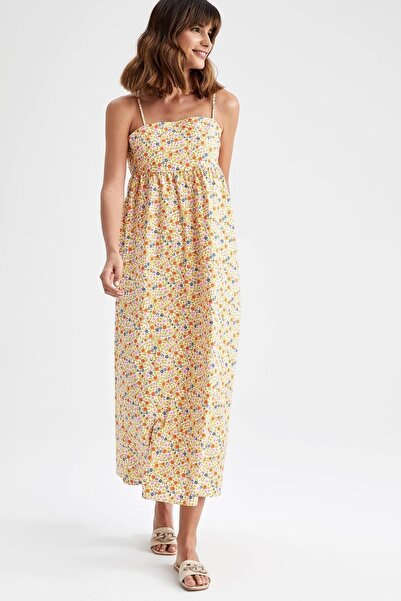 DeFacto A Kesim Kare Yaka Floral Askılı Poplin Maxi Dokuma %100 Pamuk Elbise