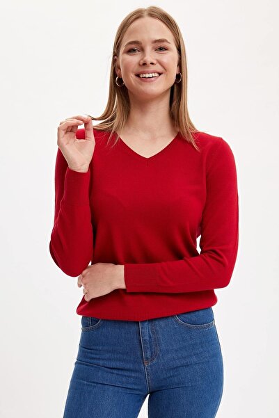 DeFacto Basic V-Neck Relax Fit Extra Soft Cashmere Textured Knitwear Sweater