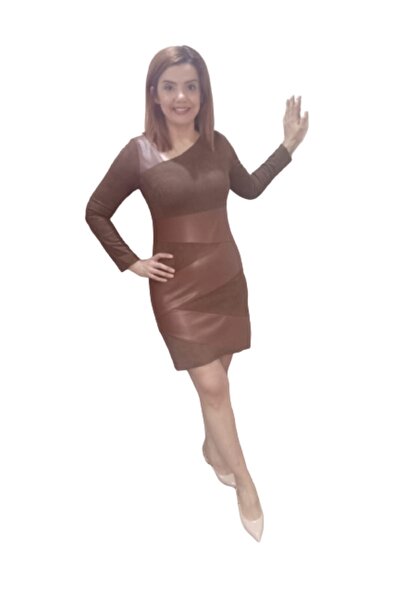 ZY BUTİK Brown Nubuck Leather Detailed Short Pencil Dress