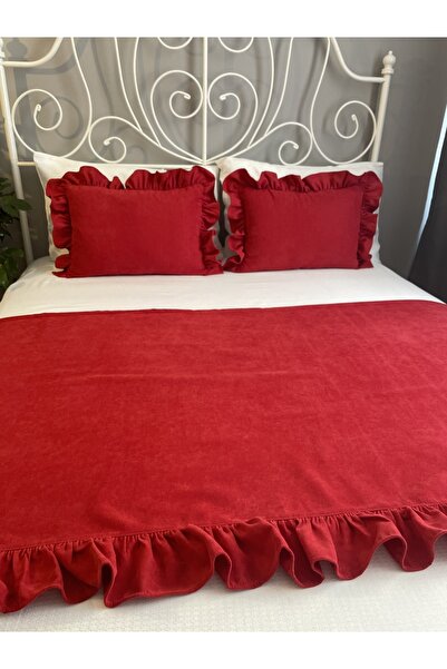 Decamor home Kırmızı Fırfırlı Yatak Runner Ve Kırlent Yatak Şalı Yatak Örtüsü Set Tek Kişilik