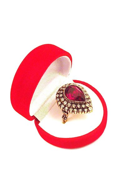 Aşina Gümüş Gift for Lover - Diamond Mounted Ruby Red Drop Ring