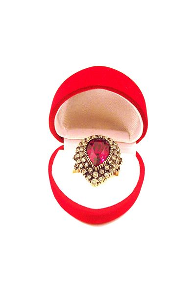 Aşina Gümüş Gift for Lover - Diamond Mounted Ruby Red Drop Ring