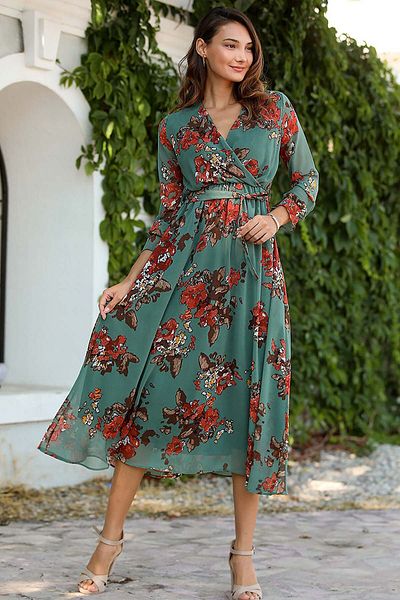 NY MODA Rochie lungă de damă din țesătură din șifon cu curea florală verde, cu guler dublu
