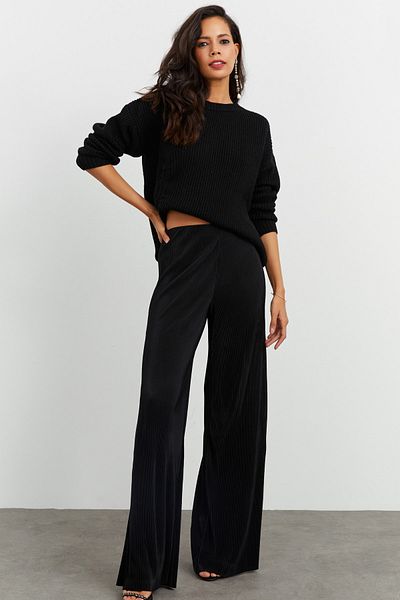 Cool & Sexy Schwarze Palazzo-Hose mit Falten für Damen İZ0146