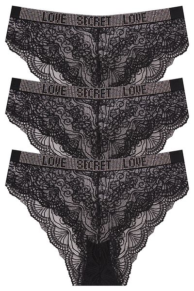papatya lingerie 3-Piece Love Secret Written Rhinestoned Waist Lace Panties
