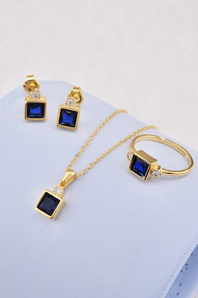 Gümüş Çadırım 925 Ayar Gümüş Altın Kaplama Mavi Zirkon Taşlı Kare Kolye Küpe ...