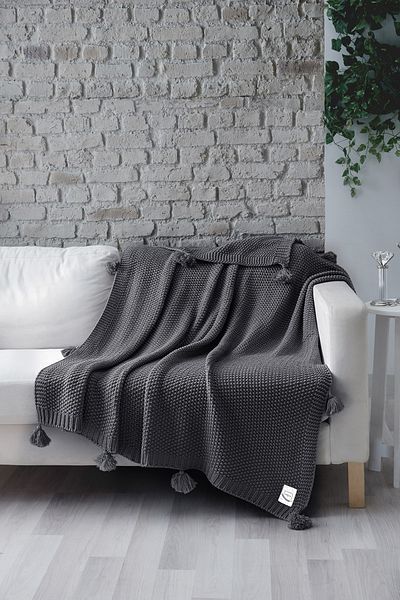 Miespiga Coco Rice Knitted Knitwear TV Blanket Throw Anthracite Knitted Sofa Shawl with Pompom