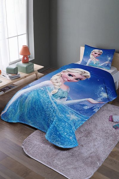 EVPANYA Set cuvertură de pat și piqué de o persoană cu model Elsa albastră