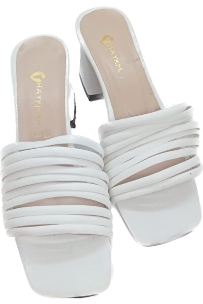 halkmar Women's White Striped Heeled Slippers