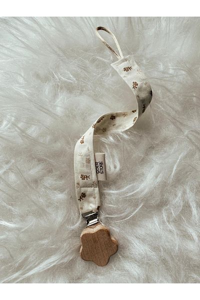 GOER STORE Natural Wooden Flower Detailed Cream Vintage 100% Cotton Fabric Baby Pacifier Strap