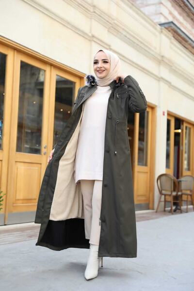 KMKkombin Oversized Plus Size Women's Overcoat & Coat, Fastened at the Waist, with Snap Fasteners and Zipper Detail, and Fully Fur Inside