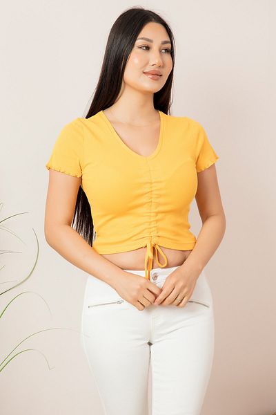 PULLIMM Lace-up V-neck Gathered T-shirt Plm013
