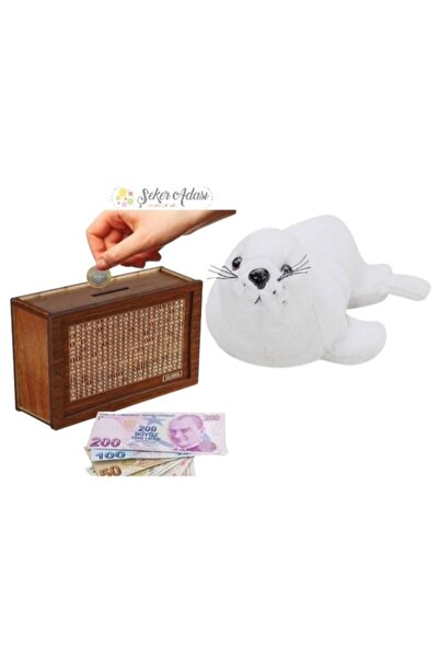 Şeker Adası Sevimli Beyaz Fok Balık 28 Cm Peluş Oyuncak Ve Ahşap Hedefli Kumbara Para Biriktirme Kutusu