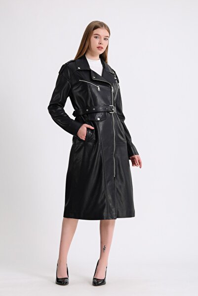Leather Club Siyah Jumbo Trench Deri Kaban