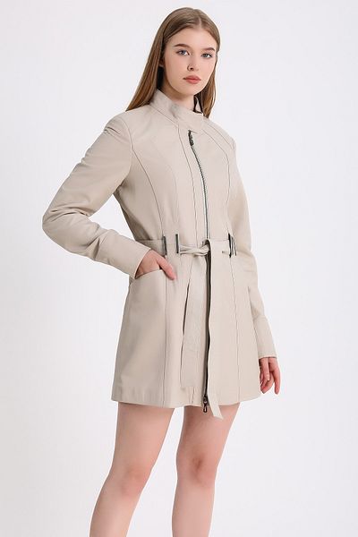 Leather Club Cream Belt Detailed Leather Coat