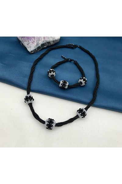 Opia Takı & Aksesuar Women's Black Gray Handmade Necklace Bracelet Set