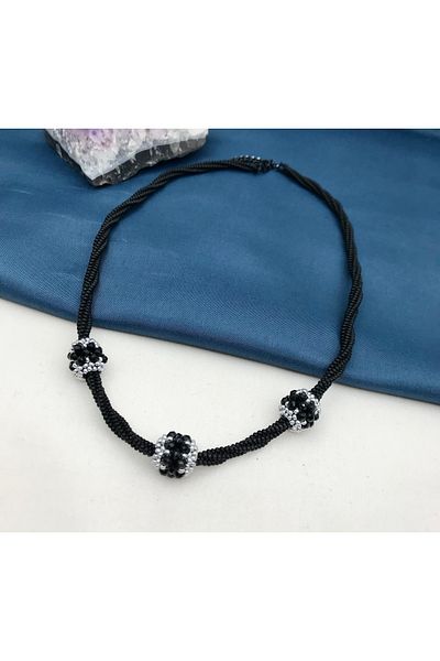 Opia Takı & Aksesuar Women's Black Gray Handmade Necklace Bracelet Set