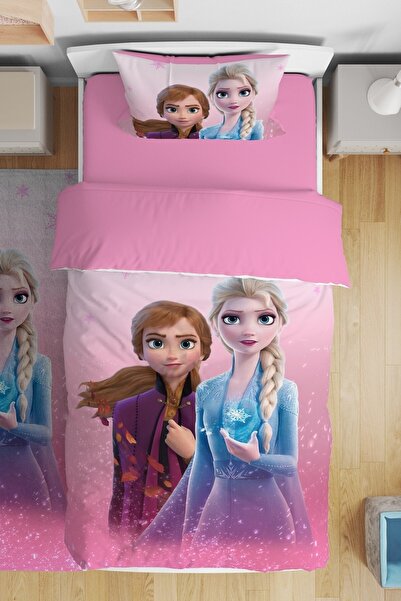 EVPANYA Pembe Elsa Ve Anna Desenli Tek Kişilik Bebek Çocuk Nevresim Takımı