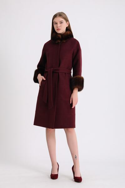 Leather Club Bordo Sable Kürk Aksesuarlı Kaşmir Kaban