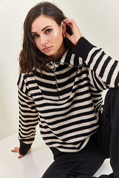 Bianco Lucci Dámský rolák na zip s pruhovaným oversize pleteným svetrem