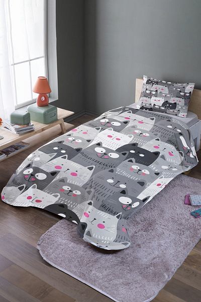 EVPANYA Σετ μονό κάλυμμα κρεβατιού με σχέδια Grey Cats