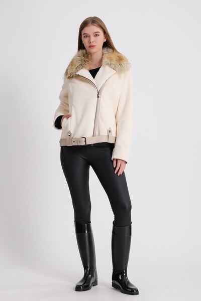 Leather Club Beyaz Golden Fox Aksesuarlı Kürk Kaban