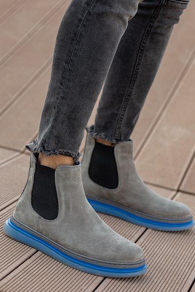 BOUIS Men's Smoke Blue Elastic Transparent Flat Sole Anti-Sweat Genuine Leather Chelsea Durable Boots