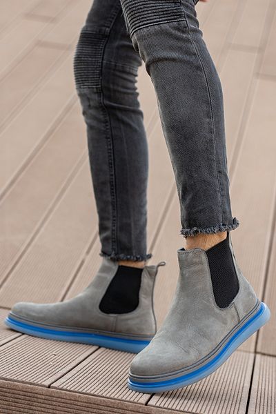 BOUIS Men's Smoke Blue Elastic Transparent Flat Sole Anti-Sweat Genuine Leather Chelsea Durable Boots