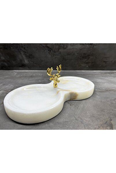 Modestmar Doğal Beyaz Mermer Ikili Çerez Tabağı Pirinç Mercan Objeli