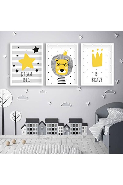 Ya&mu Tablosetleri 3 Adet 33 X 44cm Büyük Boy Beyaz Çerçeveli Bebek, Çocuk Odası Tablo Seti