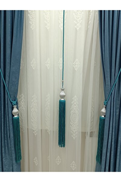 TİEBACK Fon Perde Tavan Bağlama Kuka Braçol Perde Seti Petrol Mavisi