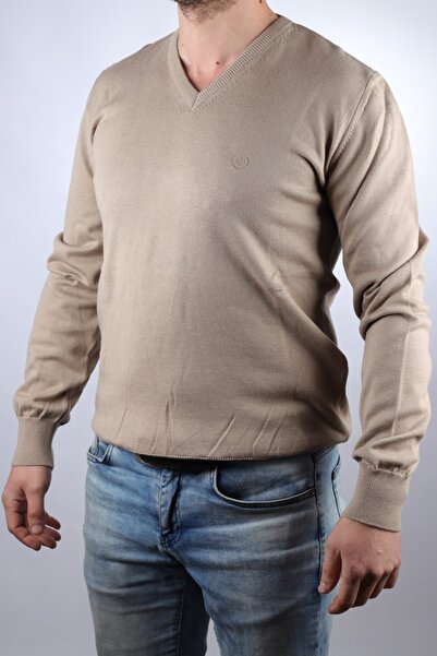7690 Slim Fit V Yaka Kazak Bej