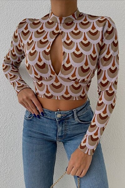 Ayya Women Triko Jakar Desenli Crop Bluz