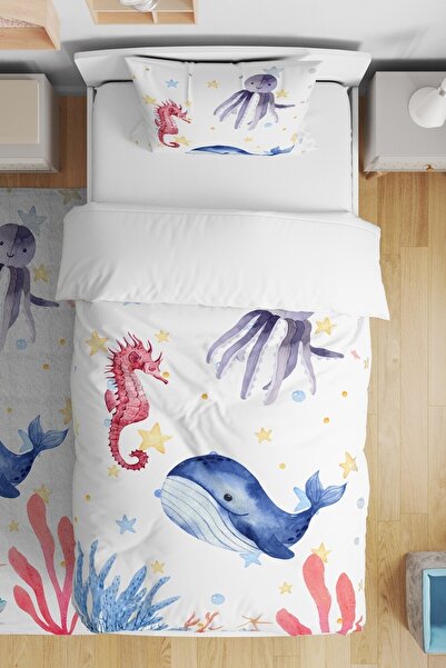 EVPANYA Deniz Hayvanları Desenli Tek Kişilik Bebek Çocuk Nevresim Takımı