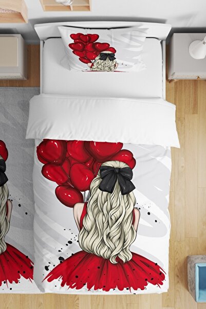 EVPANYA Kırmızı Balonlu Kız Desenli Tek Kişilik Bebek Çocuk Nevresim Takımı