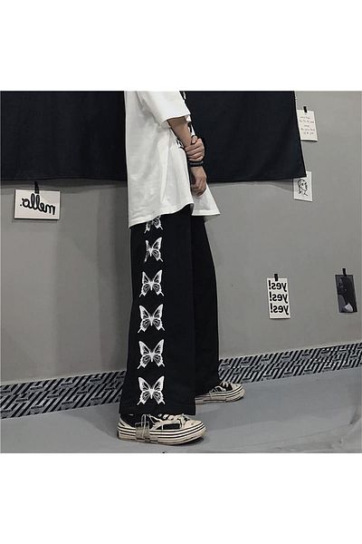 Touz بنطال رياضي Eyl Boutique أسود Harajuku Retro للجنسين على شكل فراشة واسع الساق
