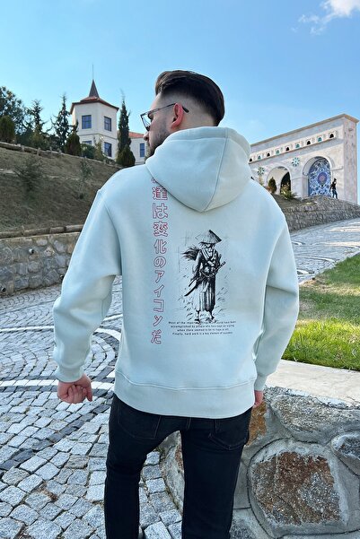 WELLHS Unisex Sırtı Samuray Baskılı Uzak Doğu Yazılı Kapüşonlu Oversize Sweat...