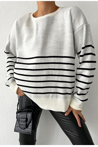 bayansepeti Striped Design Long Sleeve Knitwear White Women's Sweater 0242