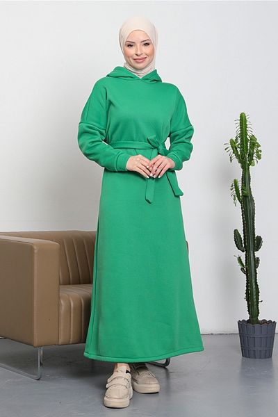 Bestenur Kumsal Hooded Three Thread Hijab Φόρεμα 408 - Πράσινο