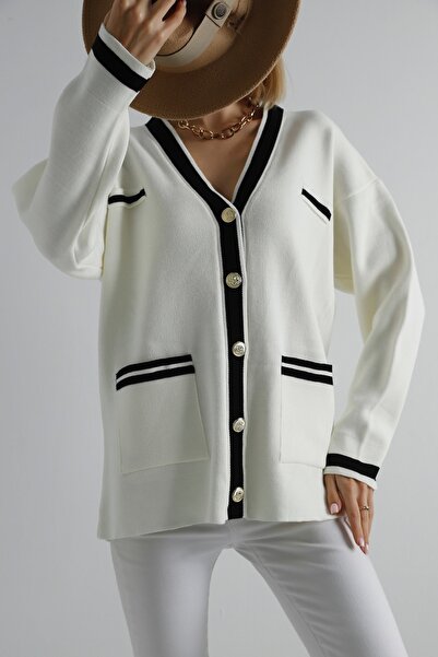 winter club Μπεζ χρυσή κορδέλα Λεπτομερής Oversize Πλεκτή Ζακέτα