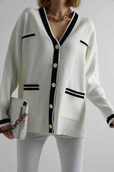 winter club Μπεζ χρυσή κορδέλα Λεπτομερής Oversize Πλεκτή Ζακέτα