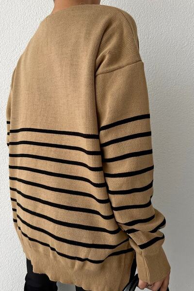 bayansepeti Ριγέ σχέδιο μακρυμάνικο πλεκτό μπισκότο πουλόβερ 0242