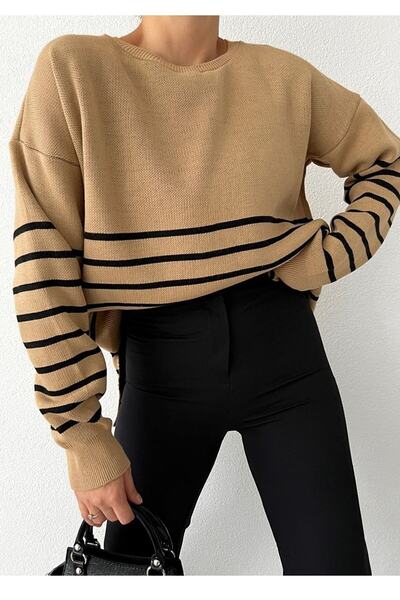 bayansepeti Ριγέ σχέδιο μακρυμάνικο πλεκτό μπισκότο πουλόβερ 0242