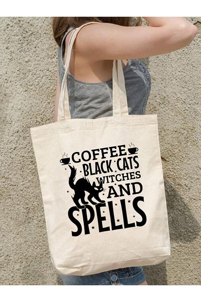 Cemira Spell Cat Coffee Design Tote Bag Geantă de stofa cu Cat