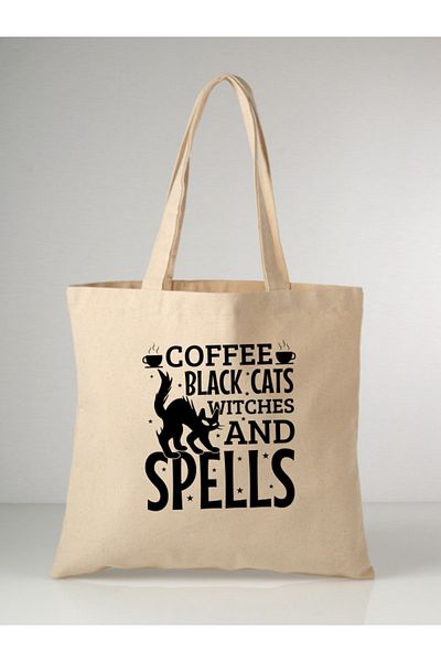Cemira Spell Cat Coffee Design Tote Bag Geantă de stofa cu Cat