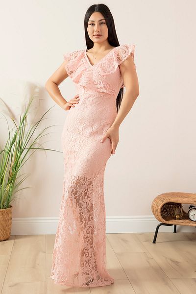 PULLIMM Rochie de seară lungă din dantelă cu volan cu decolteu 13232