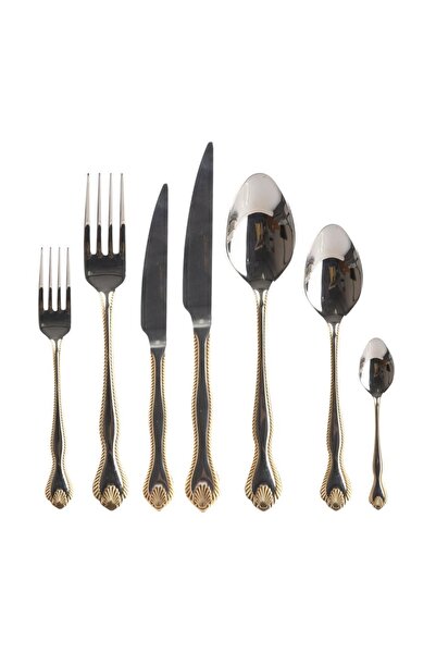 Dame Marie Gümüş Altın Dekorlu 6 Kişilik 42 Parça Çatal Kaşık Bıçak Takımı